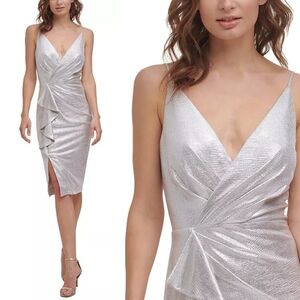 ELIZA J Nwot Elegant Champagne Silver Metallic Women's Strappy Dress, 6P